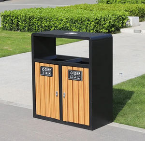 Wholesale Outdoor Plastic Wood Trash Bins Street Metal Waste Trash Can Recycling Bin with Ashtray for Public