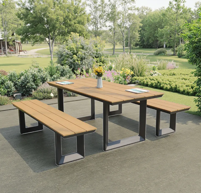 Outdoor Picnic Table Aluminum Table Set Plastic Wood Garden Table for Event Resort Hotel Club