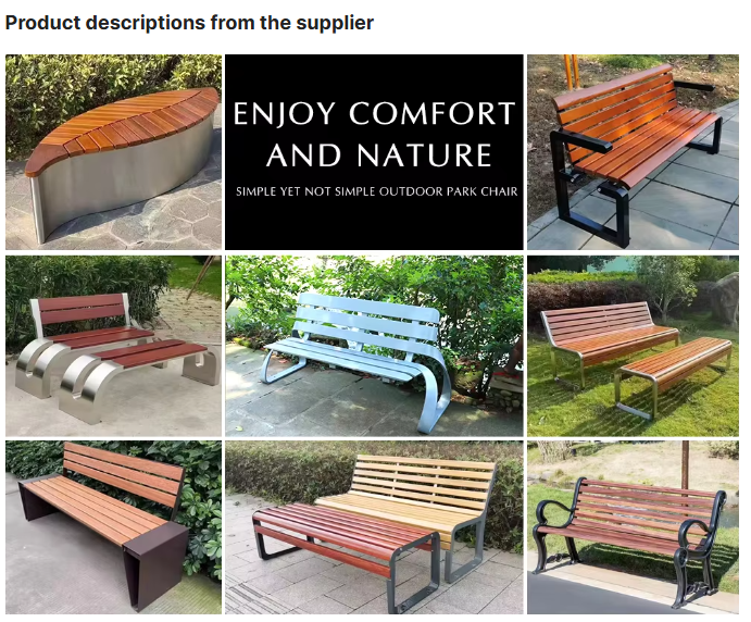 Modern Park Outdoor Bench Solid Wooden Patio Bench Metal Steel Courtyard Backrest Long Bench Outdoor Furniture Waterproof Seat