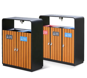 Classified Recycling Outdoor Trash Can with 2 Compartments Steel and PS Plastic Wood Waste Bins for Public Storage