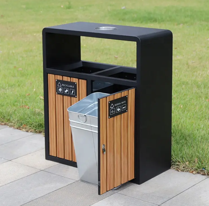 Wholesale Outdoor Plastic Wood Trash Bins Street Metal Waste Trash Can Recycling Bin with Ashtray for Public