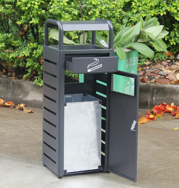 Street Black Trash Can Ashtray Stand Bin Top Metal Dustbins Outdoor Gardens Waste Bin