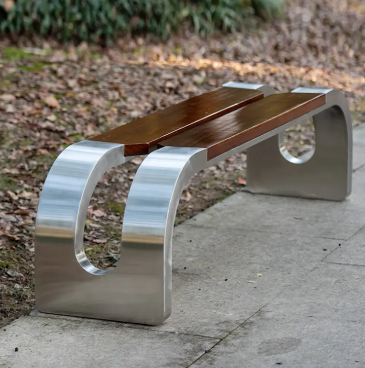 PS Wood Long Bench  Stainless Steel Patio Garden Bench Outdoor