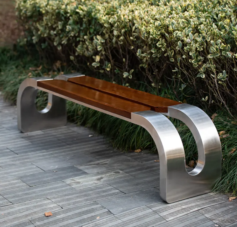 PS Wood Long Bench  Stainless Steel Patio Garden Bench Outdoor