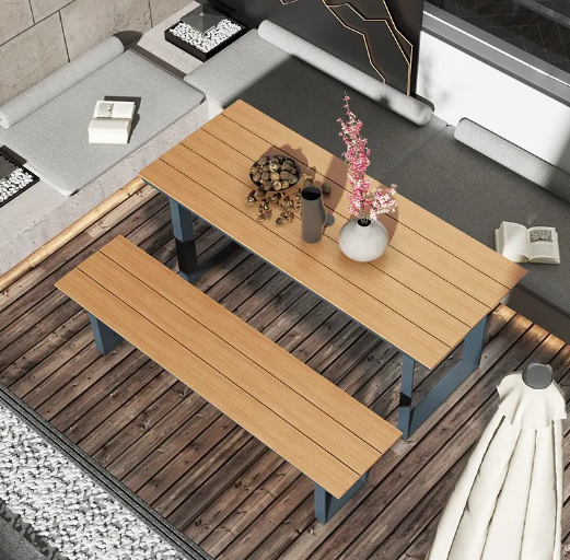 Outdoor Metal Structure Plastic Wood Table and Chair Set for Restaurant Dining and Gatherings