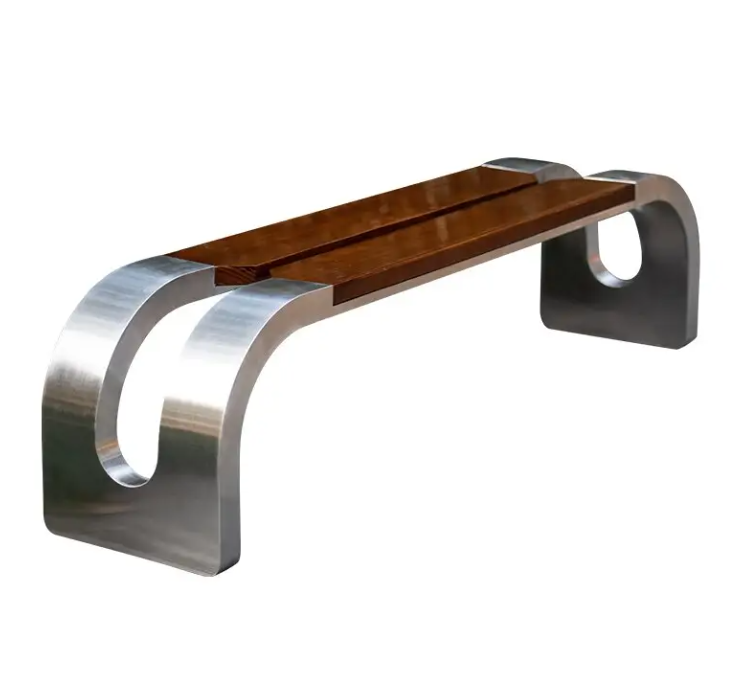PS Wood Long Bench  Stainless Steel Patio Garden Bench Outdoor