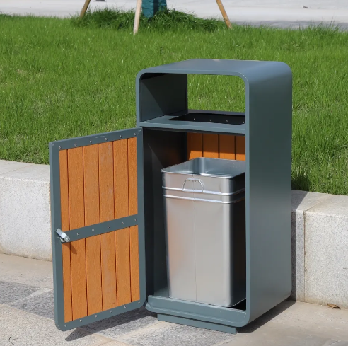 Factory Price Standing Stainless Steel Metal Waste Bin Wooden Outdoor Trash Can