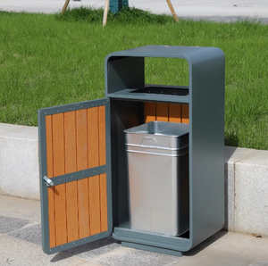 Factory Price Standing Stainless Steel Metal Waste Bin Wooden Outdoor Trash Can