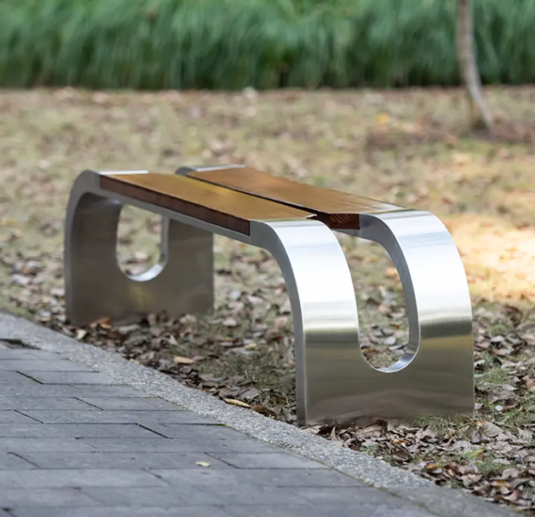 PS Wood Long Bench  Stainless Steel Patio Garden Bench Outdoor