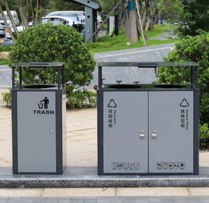 Double Compartment Sorting Trash Bin With Rain Lid Stainless Steel Durable Single Waste Bin for Street Park