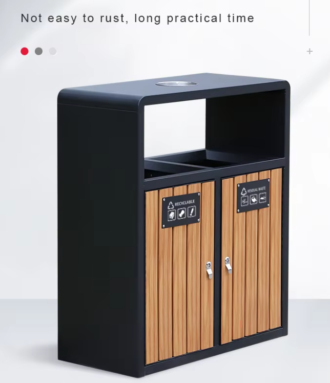Wholesale Outdoor Plastic Wood Trash Bins Street Metal Waste Trash Can Recycling Bin with Ashtray for Public