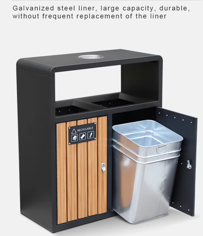 Wholesale Outdoor Plastic Wood Trash Bins Street Metal Waste Trash Can Recycling Bin with Ashtray for Public