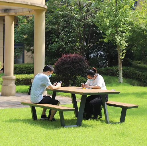 Outdoor Metal Structure Plastic Wood Table and Chair Set for Restaurant Dining and Gatherings