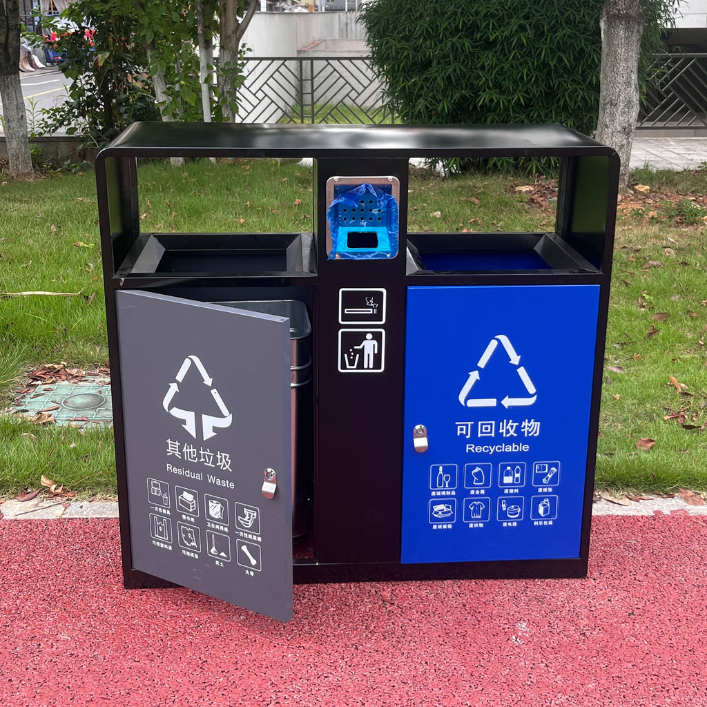 Recycling waste can metal trash can double stainless steel bin outdoor