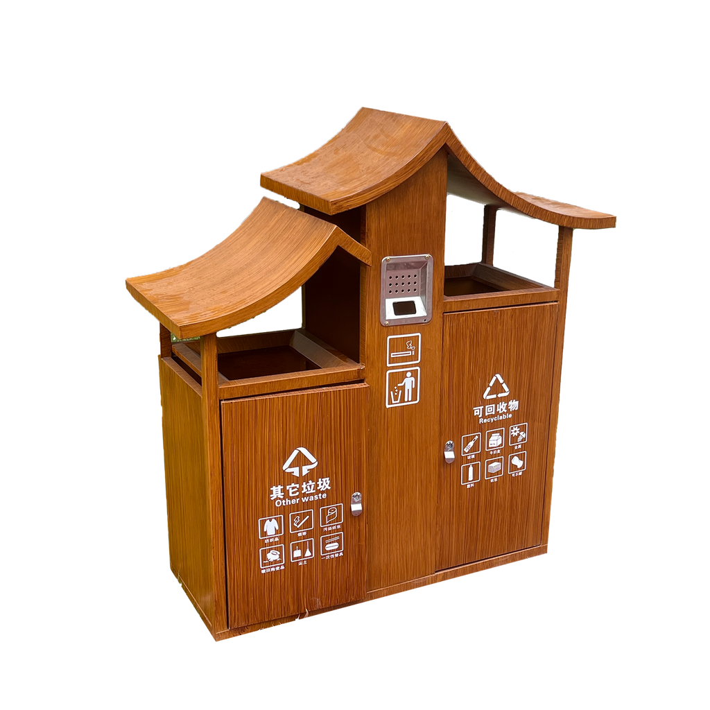 Outdoor metal and wood grain trash bin