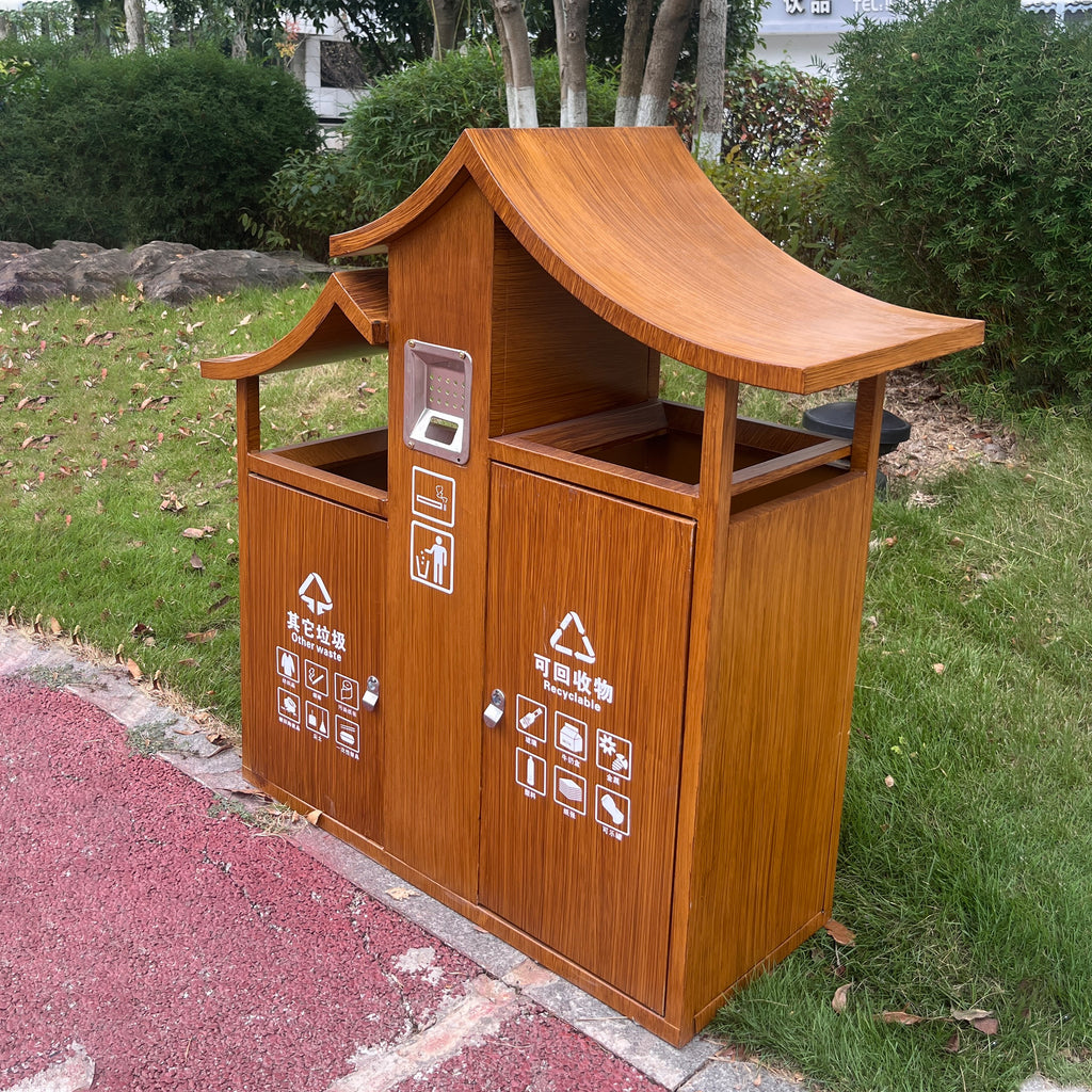 Outdoor metal and wood grain trash bin