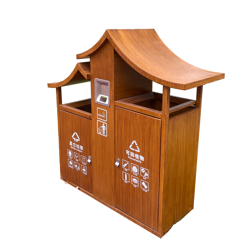 Outdoor metal and wood grain trash bin