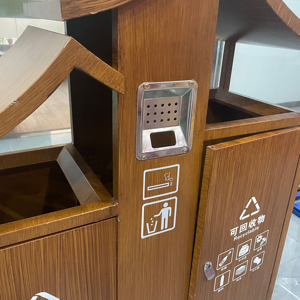 Outdoor metal and wood grain trash bin