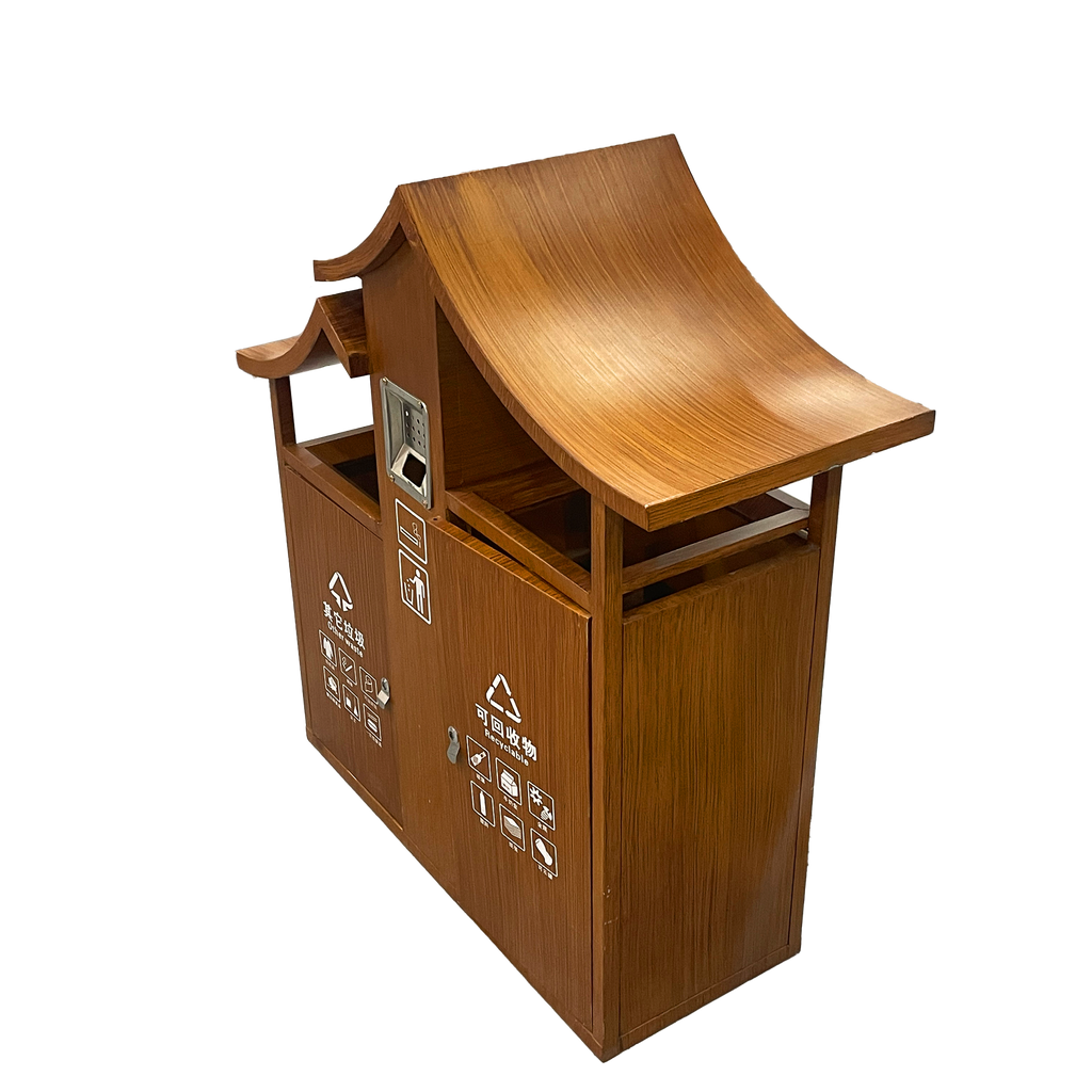 Outdoor metal and wood grain trash bin