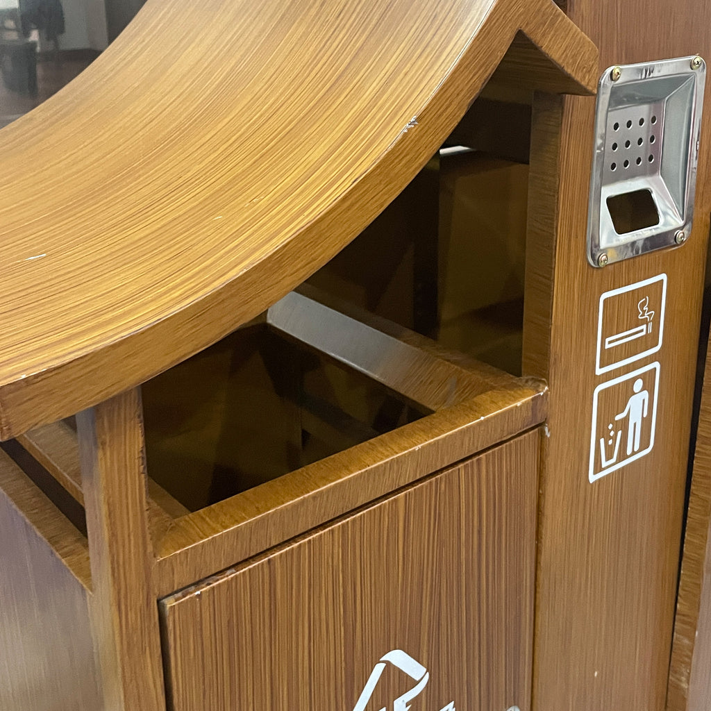 Outdoor metal and wood grain trash bin