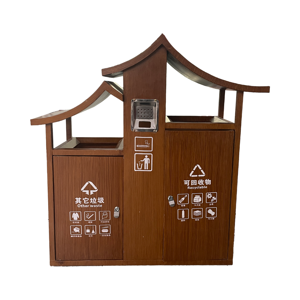 Outdoor metal and wood grain trash bin