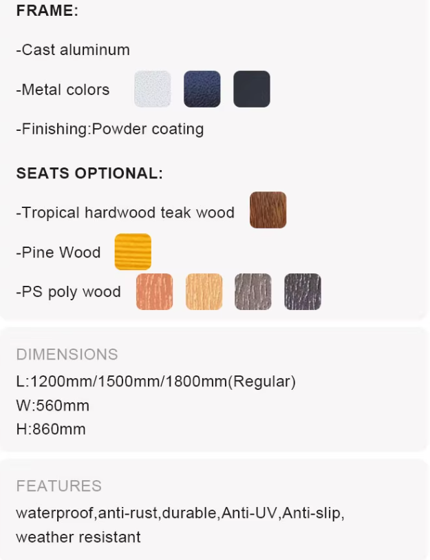 Modern Design Knock-Down Park Benches Street Aluminum and Solid Wood Outdoor Bench for Public Waiting Patio Application