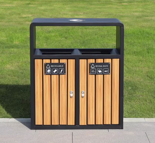 Wholesale Outdoor Plastic Wood Trash Bins Street Metal Waste Trash Can Recycling Bin with Ashtray for Public
