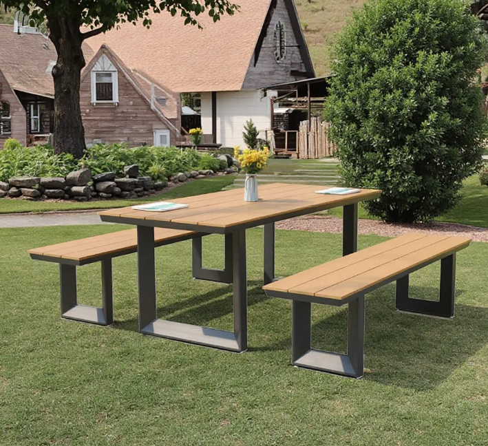 Outdoor Picnic Table Aluminum Table Set Plastic Wood Garden Table for Event Resort Hotel Club