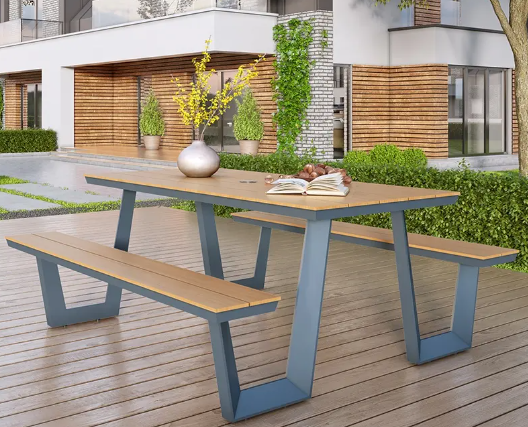 Outdoor Metal Structure Plastic Wood Table and Chair Set for Restaurant Dining and Gatherings