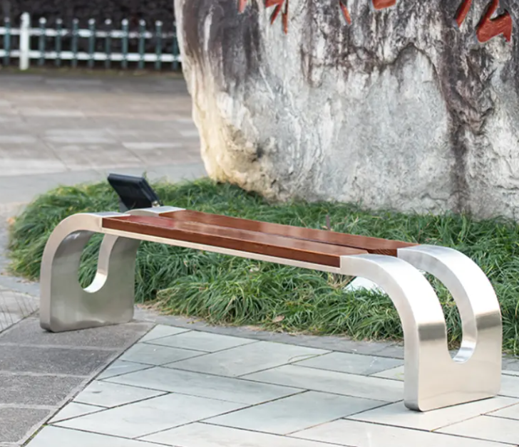 PS Wood Long Bench  Stainless Steel Patio Garden Bench Outdoor