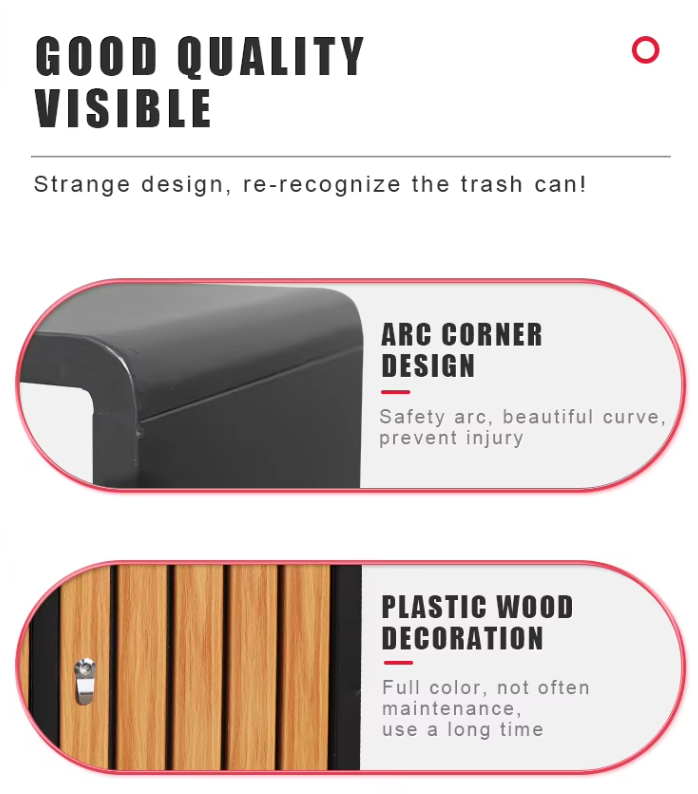 Wholesale Outdoor Plastic Wood Trash Bins Street Metal Waste Trash Can Recycling Bin with Ashtray for Public