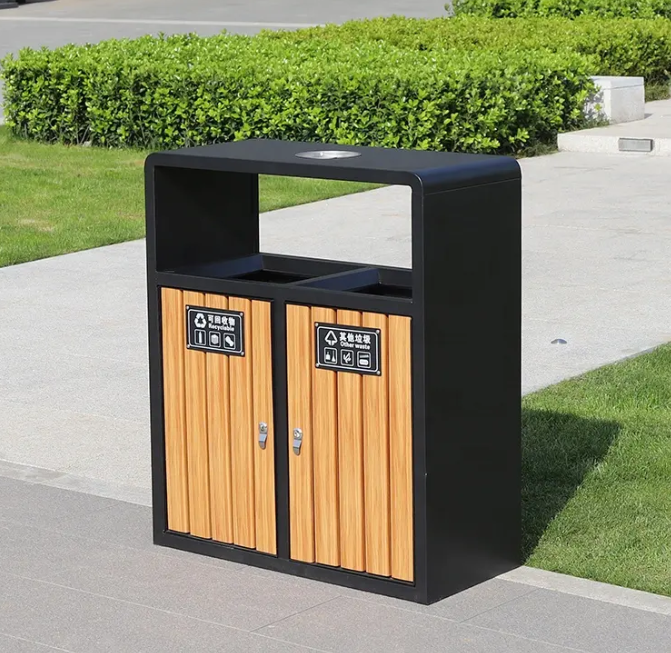 Wholesale Outdoor Plastic Wood Trash Bins Street Metal Waste Trash Can Recycling Bin with Ashtray for Public