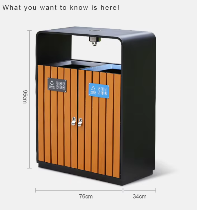 Classified Recycling Outdoor Trash Can with 2 Compartments Steel and PS Plastic Wood Waste Bins for Public Storage
