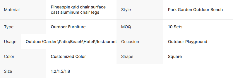 Factory Price Pineapple Grid Chair Surface Cast Aluminum Chair Legs Outdoor Garden Benches