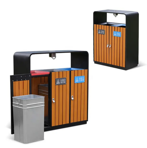 Classified Recycling Outdoor Trash Can with 2 Compartments Steel and PS Plastic Wood Waste Bins for Public Storage