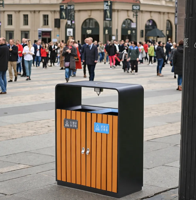 Classified Recycling Outdoor Trash Can with 2 Compartments Steel and PS Plastic Wood Waste Bins for Public Storage