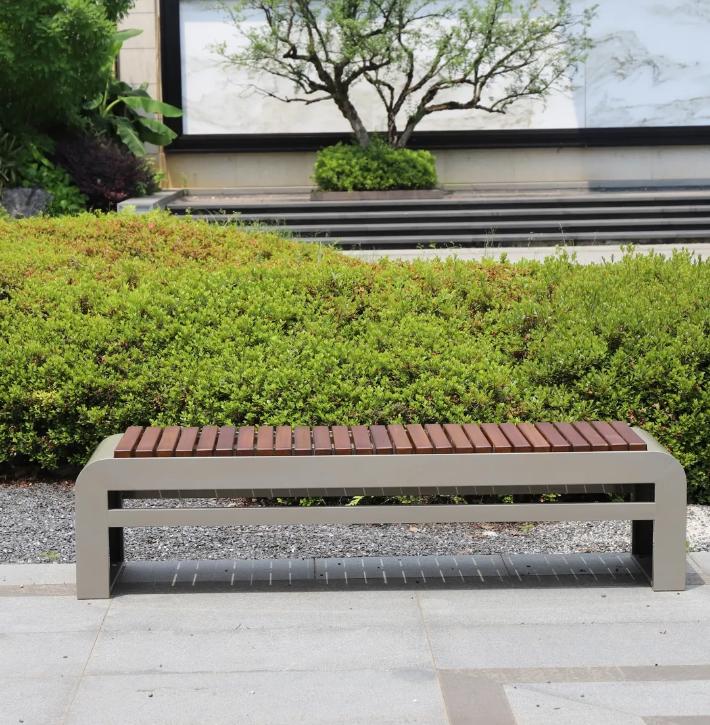 Black Outdoor Public City Furniture Metal Waiting Seat Wooden Urban Bench for Parks and Plazas