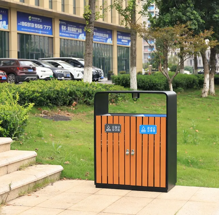 Classified Recycling Outdoor Trash Can with 2 Compartments Steel and PS Plastic Wood Waste Bins for Public Storage