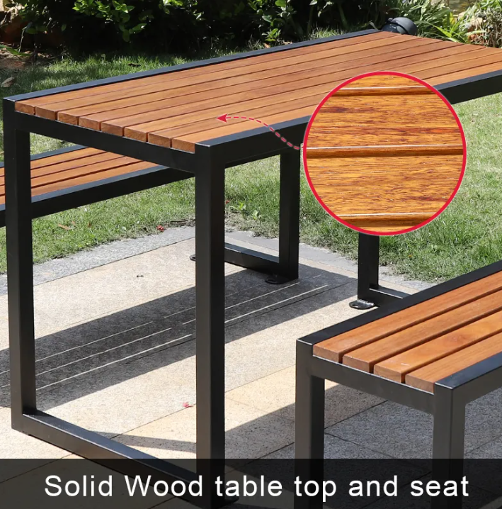 Modern Design Plastic Wood Patio Table Set with Metal Structure Outdoor Restaurant Garden Table and Chair for 6