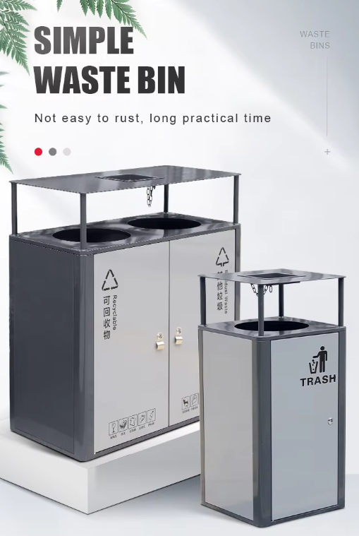 Double Compartment Sorting Trash Bin With Rain Lid Stainless Steel Durable Single Waste Bin for Street Park