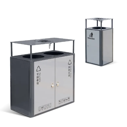 Double Compartment Sorting Trash Bin With Rain Lid Stainless Steel Durable Single Waste Bin for Street Park
