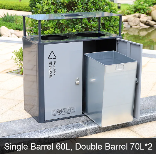 Double Compartment Sorting Trash Bin With Rain Lid Stainless Steel Durable Single Waste Bin for Street Park