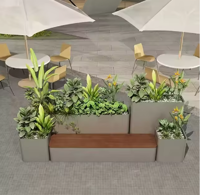 Custom Indoor/Outdoor Metal Flower Bench with Planters for Garden Entry Patio Park Gym Mall or Hospital Use