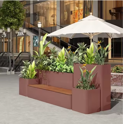 Custom Indoor/Outdoor Metal Flower Bench with Planters for Garden Entry Patio Park Gym Mall or Hospital Use