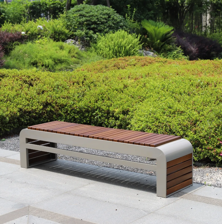 Black Outdoor Public City Furniture Metal Waiting Seat Wooden Urban Bench for Parks and Plazas