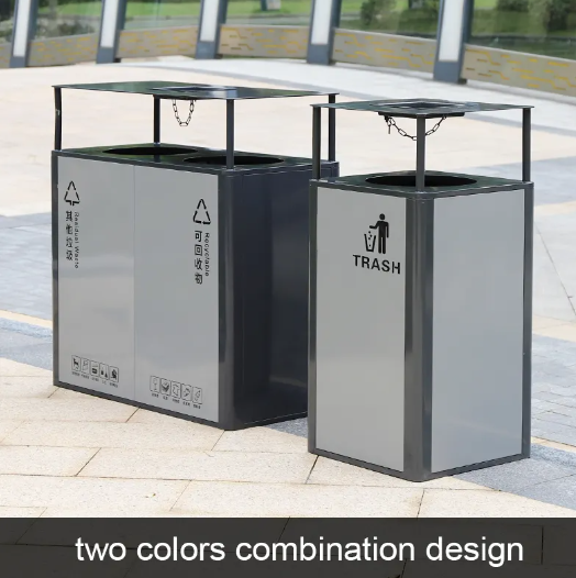 Double Compartment Sorting Trash Bin With Rain Lid Stainless Steel Durable Single Waste Bin for Street Park
