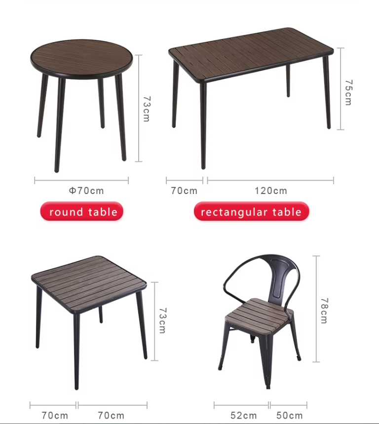 Commercial Cafe Table and Chair Aluminum Table Set Outdoor Plastic Rectangle Dining Tables for 4-6 Seats