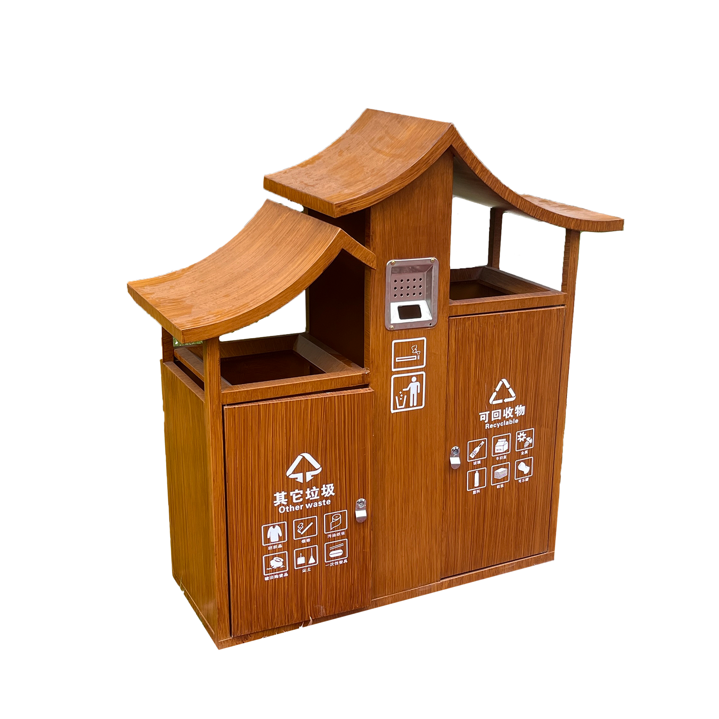 Outdoor metal and wood grain trash bin