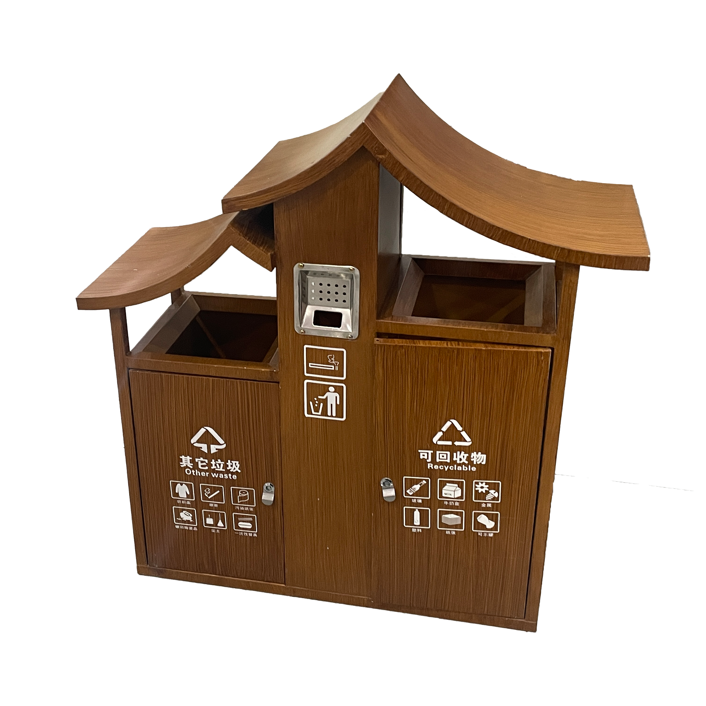 Outdoor metal and wood grain trash bin