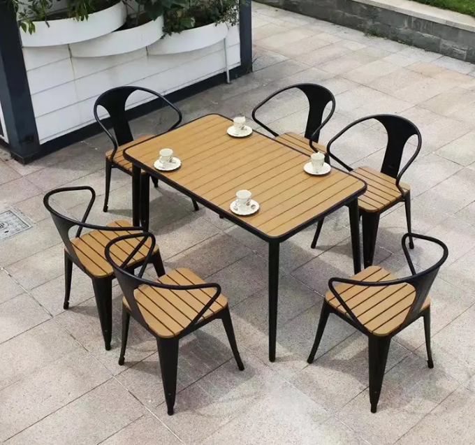 Commercial Cafe Table and Chair Aluminum Table Set Outdoor Plastic Rectangle Dining Tables for 4-6 Seats